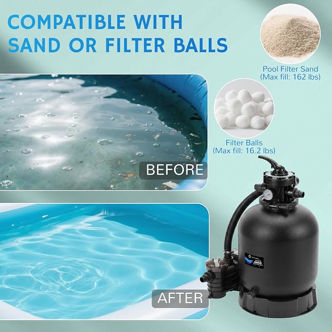 Airthereal AquaMind AM16 Sand Filter Pump for Above Ground Pool, 16" Pool Sand Filter System with Timer, ¾ HP Motor, High-Flow 3,435 GPH, 7-Way Valve, Reliable Motor for Pools Up to 15,000 Gallons