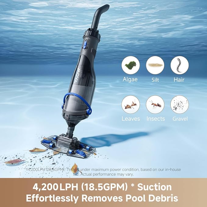 MOVA Handler V10 Cordless Pool Vacuum, 18.5 GPM Suction, Transparent Suction Head & 5.9ft Telescopic Pole and Skimmer Net, 60min Runtime, Handheld Rechargeable Pool Cleaner for All Pool Types, IPX8