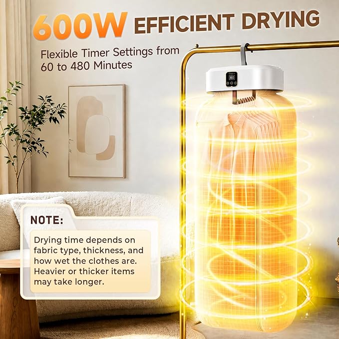 Portable Clothes Dryer, 600W Foldable Laundry Drying Machine with 8 Timer Settings, Compact Hanging Dryer with Overheat Protection, Quiet Garment Care for Apartment, Dorm, RV, Camping, Travel