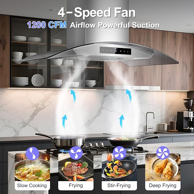 36 inch Island Range Hood 1200 CFM with 4-Speed Gesture Sensing & Touch Control, Ducted/Ductless Stainless Steel Ceiling Mount Kitchen Stove Vent Hoods with 4 LED Lights, Timer,Dishwasher-Safe Filters