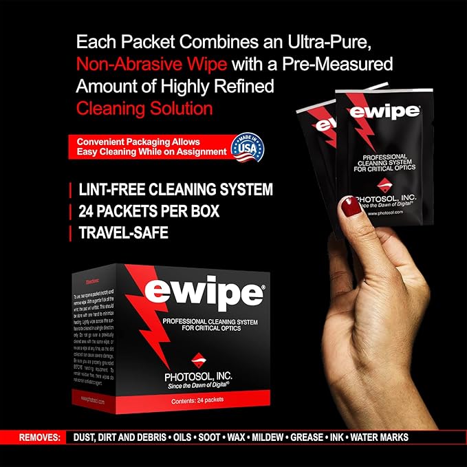 E-Wipe Camera Lens Cleaning Pads - Non-Abrasive Wipes with Professional Cleaning Solution Designed for Optic Electronics — Great for SLR, DSLR, Cameras, Lenses and High-End Optics. (24 Pack)