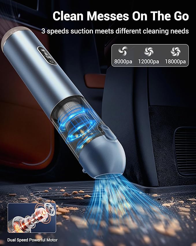 Handheld Vacuum, Powerful 18000pa Car Vacuum with Brushless Motor, Portable Hand Held Vacuum with 3 Speed Modes, 5- in-1 Mini Cordless Vacuum Cleaner with White LED & Red Flash for home Car Office