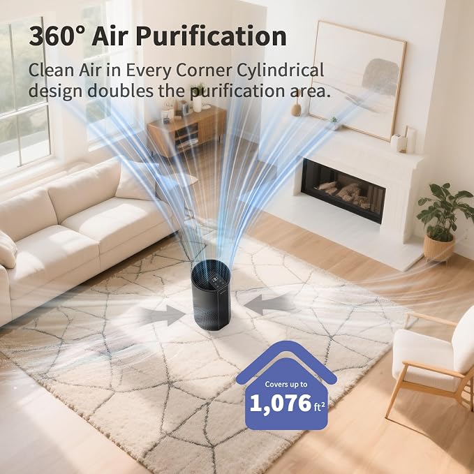 Afloia Air Purifier for Home, 4-in-1 Washable Filter for Allergies, Covers Up to 1076 ft², Quiet Operation, Auto Shut-Off & Night Light, Removes Pet Dander, Pollen, Dust, Mold, and Smoke,Black