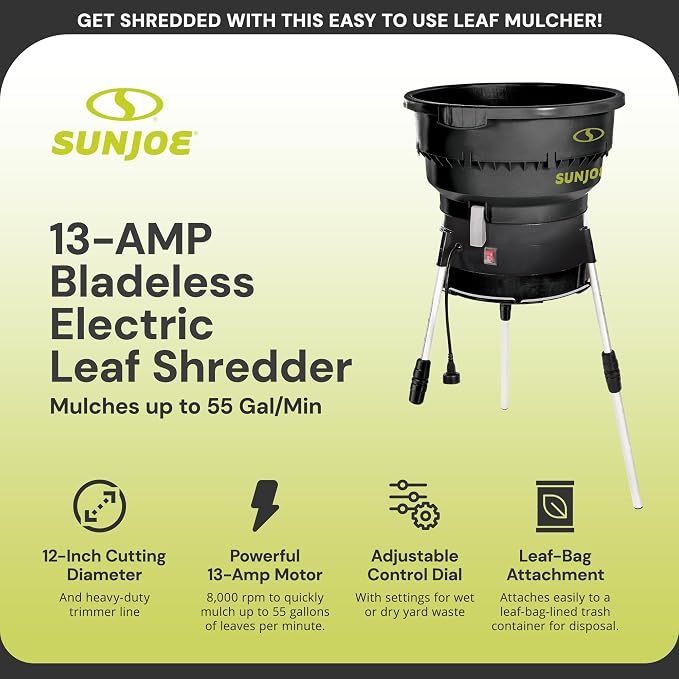 Sun Joe Corded Leaf Mulcher Shredder with Adjustable Control Dial, 8,000 RPM, 13-Amp Motor - Portable Electric Mulching and Shredding Machine for Lawn Care, SDJ616