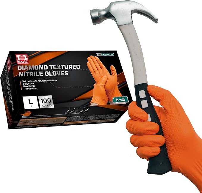 Jointown Basic Heavy Duty Nitrile Gloves, Mechanic Gloves 8 Mil Nitrile Disposable, with Raised Diamond Texture, Case of 100, Orange, Medium