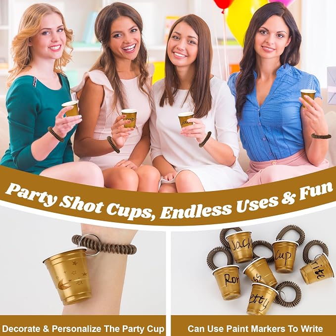 30 Pcs Gold Shot Cups with Wristband for Party 2oz Plastic Shot Glasses Disposable Mini Shot Glasses Bulk with Wrist Coil 2oz Solo Cups for Festival Birthday Favor Wedding Halloween Party Supplies