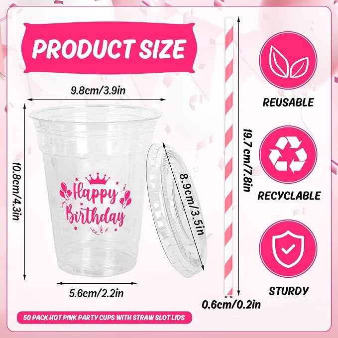 Whaline 50 Pcs 12 Oz Happy Birthday Disposable Plastic Cups with Lids and Straws Hot Pink Cold Beverage Drinking Cups for Home Kitchen Birthday Party Supplies