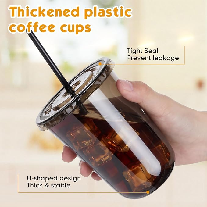 Ziliny 100 Set Black Plastic Cups with Lids and Straws, Disposable Iced Coffee PET Cups for Drinking Cold Beverage Juice Parfait Smoothie Milkshake Coffee Shops Party Supplies (16 oz)