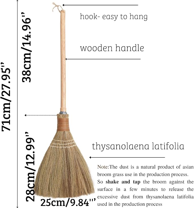 BMart Home Small Natural Whisk Sweeping Hand Handle Broom - Vietnamese Straw Soft Broom for Cleaning - Decoration Items - Indoor - Outdoor - 9.84'' Width, 27.95" Length