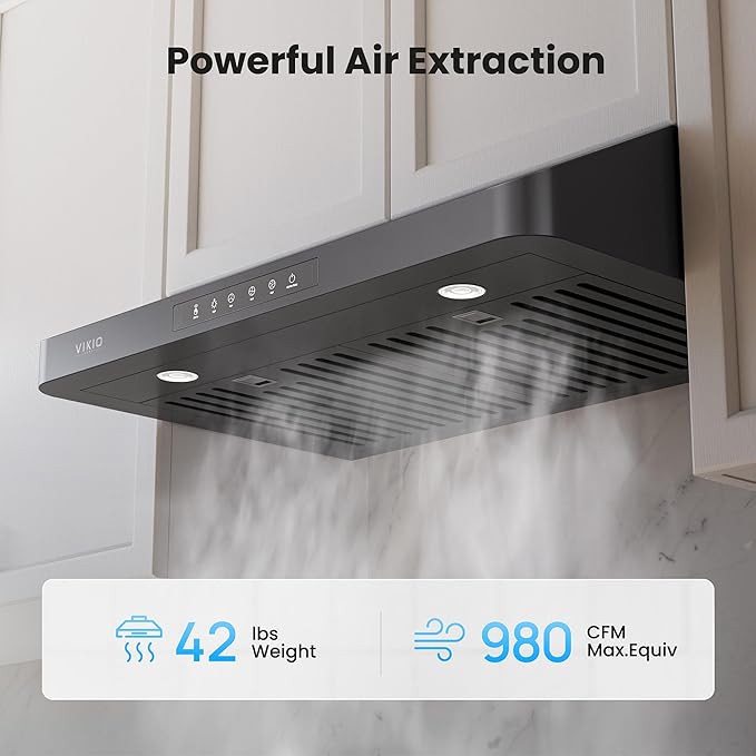 VIKIO HOME Range Hood 30 Inch Under Cabinet, Black Stainless Steel Range Hood With 980 CFM, Three-Speed Gesture & Touch Control, Kitchen Hood With Widened Filter Baffle,Easy Clean Coating,G10 Light