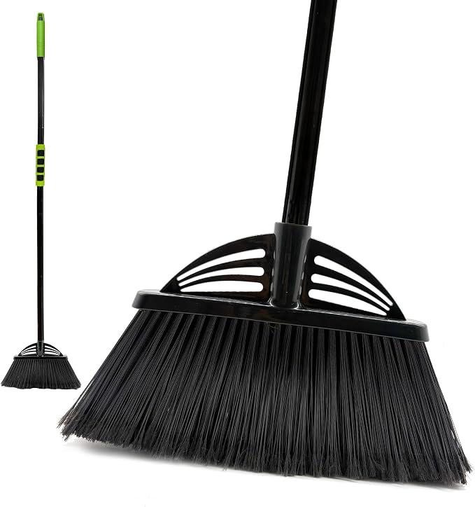 Four-Section Rod Long-Handled Broom,Heavy-Duty Broom, Angle Broom for Outdoor/Indoor（Black+Green4）