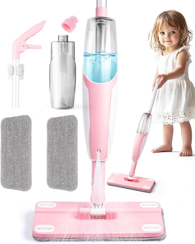 Pink Mini Spray Mop for Toddler-Girls Montessori Cleaning Toy that Real Spray Water,Pretend Playhouse Essentials for Girls Ages 3-8,Toddler Educational Housekeeping Set