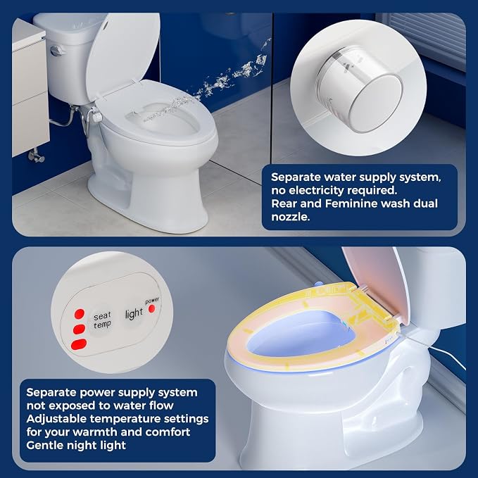 Clirass Elongated Heated Toilet Seat with Night Light, Three Temperature Settings Heated Seat,70 in Power Cord, Fit Elongated Toilet, Cold Water Bidet Function Toilet Seat With Slow Close