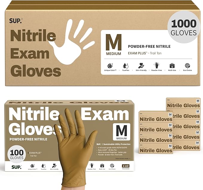 SUP Nitrile Exam Gloves, Powder-Free Latex-Free Food Safe Food Prep BBQ Cooking Cleaning Medical Disposable Glove, Tan 1000Ct