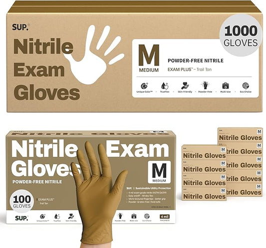 SUP Nitrile Exam Gloves, Powder-Free Latex-Free Food Safe Food Prep BBQ Cooking Cleaning Medical Disposable Glove, Tan 1000Ct
