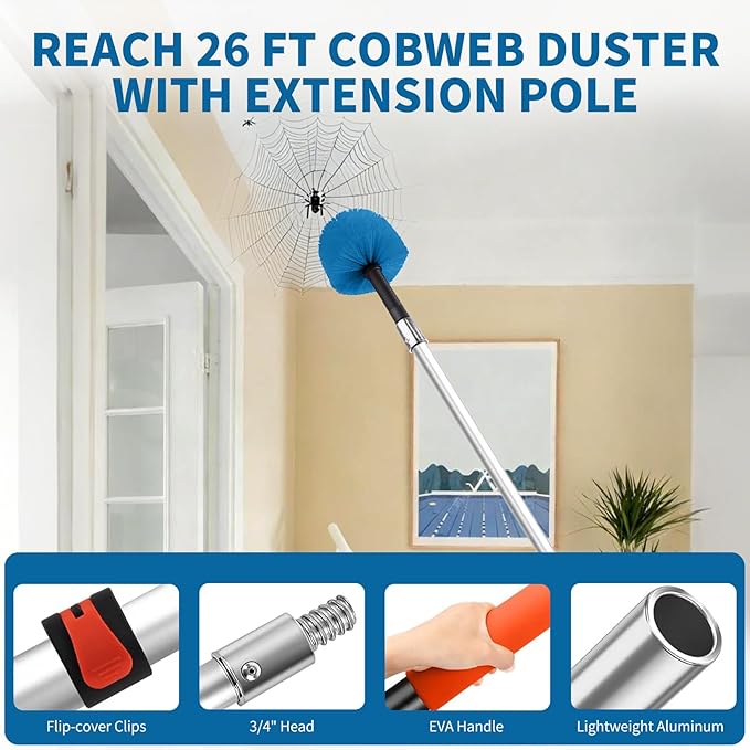 Cobweb Duster with Extension Pole, Dense Soft Bristles & Efficient Dust Removal, High Reach Cleaning 5-20FT Adjustable to 26FT, Indoor Outdoor for Ceilings/Corners/Fans