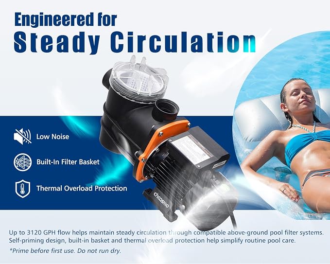 1/2HP Above Ground Pool Pump, 3120GPH 115V Pool Filter Pump Replacement for Sand Filter Systems, High-Flow Swimming Pool Circulation Pump with 1.25/1.5 in Hose Adapters, 41ft Max Head
