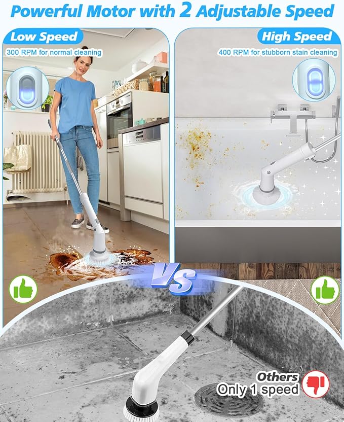 Electric Spin Scrubber Cordless Cleaning Brush, 2 Speed Shower Power Scrubbers for Cleaning Tub Tile, Spin Brush Cleaning for Bathroom Long Handle