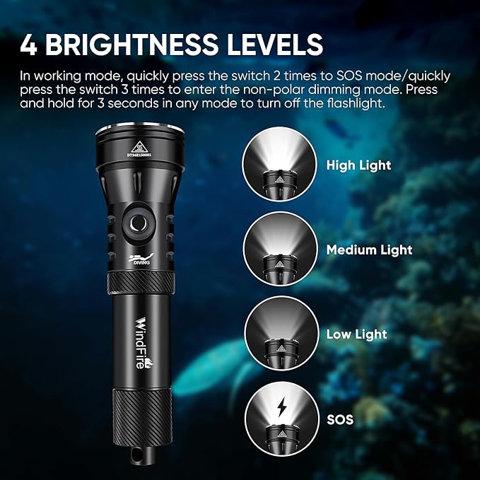 WINDFIRE High-Power Dive Lights Scuba Diving Flashlight – IPX8 Waterproof Underwater Flashlight with Power Indicator, 4 Modes, Ultra-Bright Dive Torch for Night Diving & Ocean Exploration