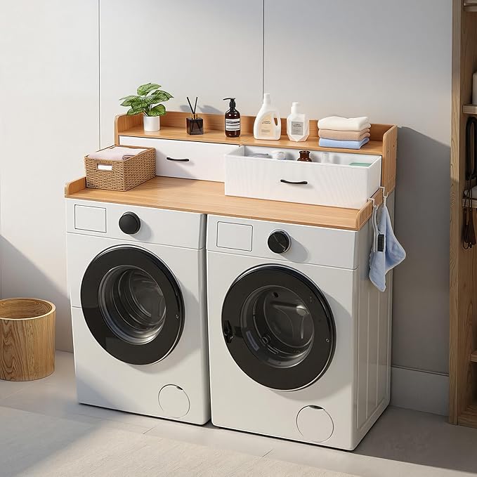 VEVOR 2 Drawers Washer Dryer Countertop with Shelf, 54" x 27" Wooden Laundry Countertop with 2 Hooks & Splicing Panels, Washer and Dryer Topper, Laundry Room Organization and Storage, Natural