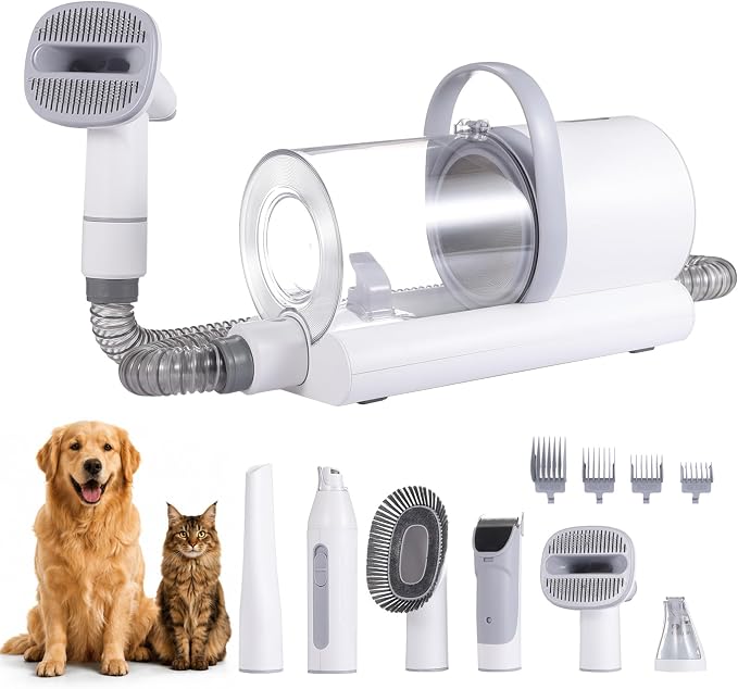 Dog Grooming Vacuum, 13000Pa Powerful with 1.5L Cup 6 in 1 Pet Electric Grooming Vacuum for with Hair Clipper & Shedding Brush, Low Noise, 3 Suction Levels for Thick Hair Cats & Dogs