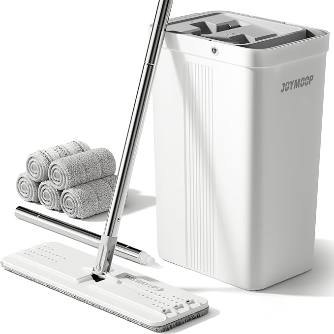 JOYMOOP Mop and Bucket Set, Flat Mops for Household & Commercial Floor Cleaning, Wet Dry Mops for Walls & Hardwood Floors, Wall Cleaner with Long Handle, Includes 5 Microfiber Pads
