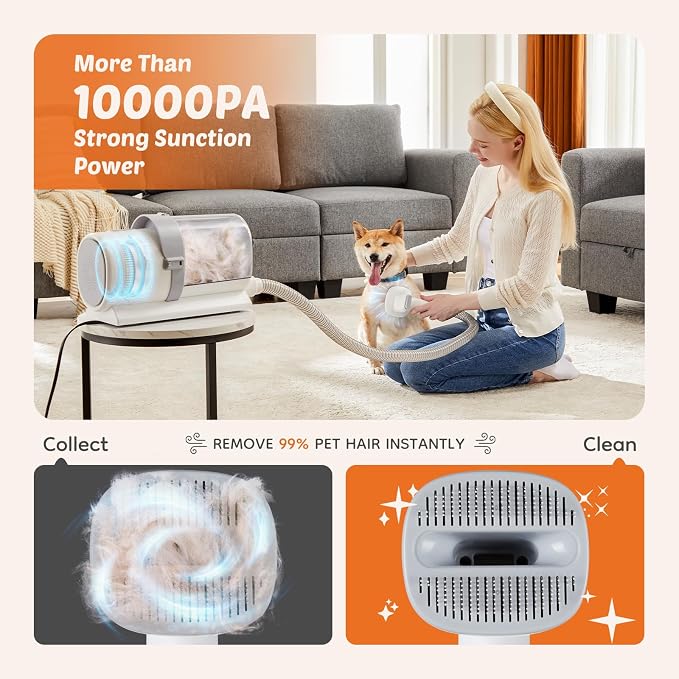 Simple Deluxe Pet Vacuum for Shedding Grooming Kit with Hair Clippers &Shedding Brush, 10000Pa Strong Pet Vacuum Grooming Kit for Dogs & Cats with 2.5L Dust Cup, Low Noise, 3 Levels, 5 Grooming Tools