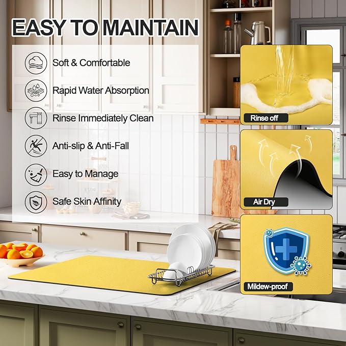 Ecotrim - Dish Drying Mat for Kitchen Counter | Coffee Bar Mat for Countertops | Heat Resistant Drainer Mat with Non-slip Rubber Backed | Hide Stain Kitchen Absorbent Draining Mat | Yellow 18"x28"