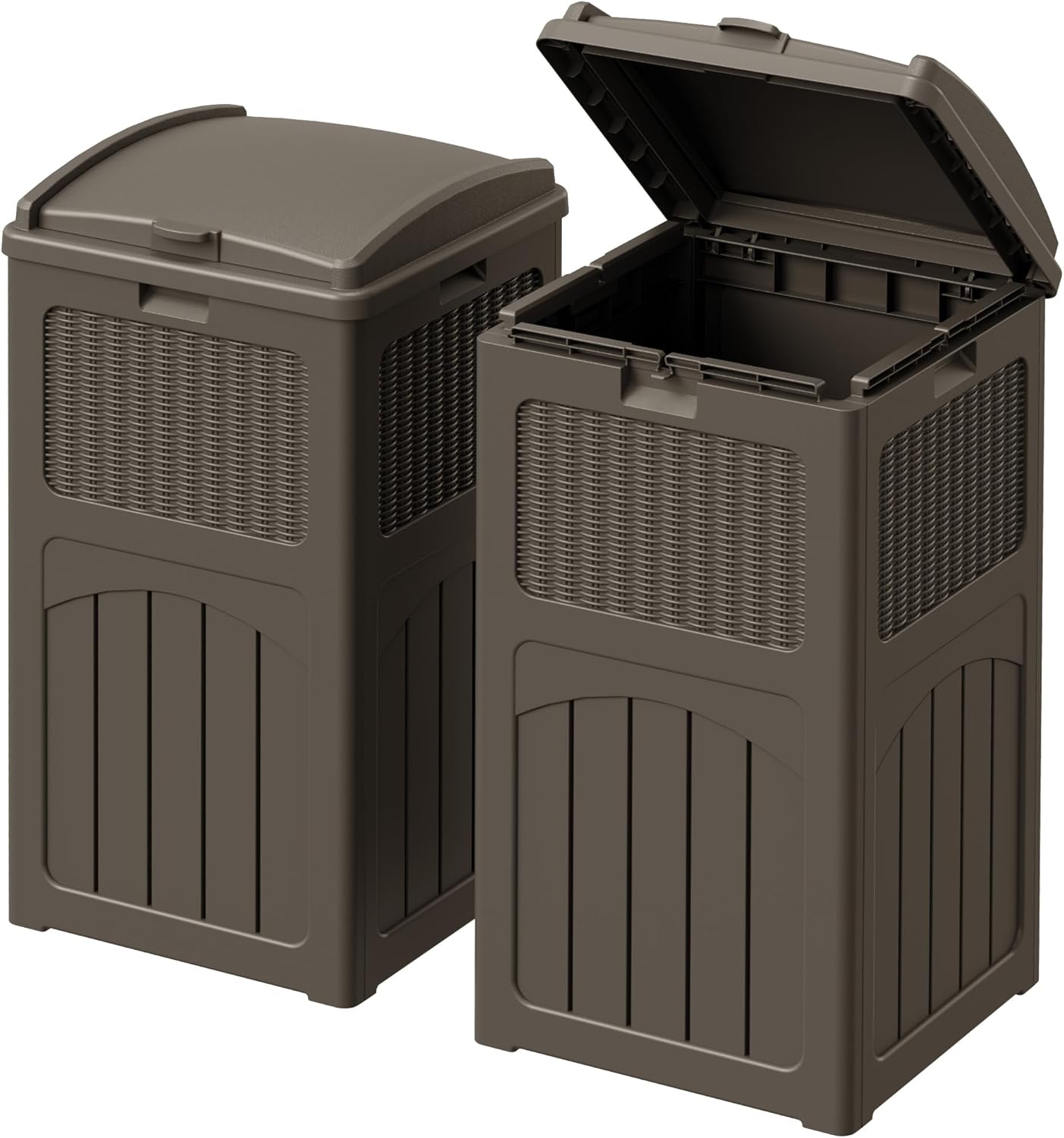 Devoko 33 Gallon Outdoor Trash Can with Dual Lid, Heavy Duty Waterproof Resin Garbage Bins Outside, Hideaway Waste Bins for Patio, Outside Pool, Backyard and Deck (2, Deep Brown)
