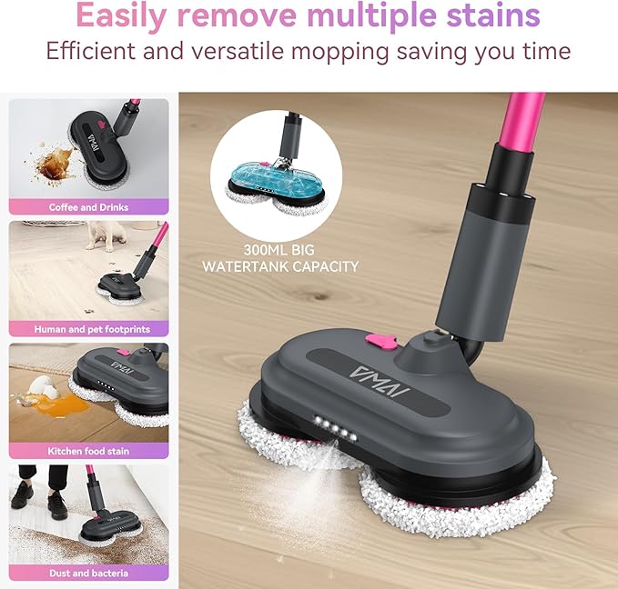 VMAI Cordless Electric Mop for Floor Cleaning,Water Sprayer Spin Mop with 300ML Water Tank,LED Lighting and Removable Battery,Up to 60mins Working Time for Hardwood Tile Laminate Marble Floor(Rose)