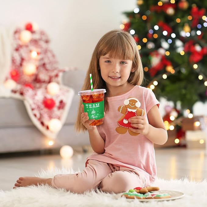 JarThenaAMCS 50 Pcs 12oz Christmas Plastic Cups with Lids and Straws Red Green Team Naughty or Nice Xmas Disposable Party Cups for Beverages Drinks Holiday Party Supplies
