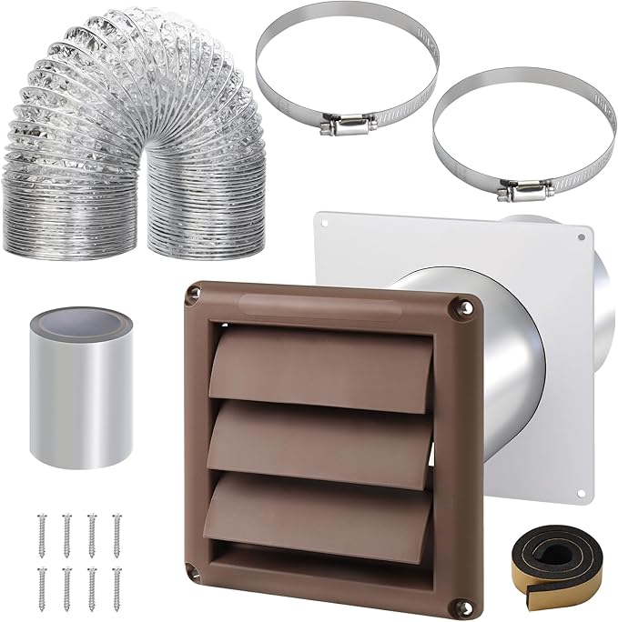 Dryer Vent Kit with Hose/Duct Connector/Wall Plate,4Inch Dryer Wall Vent Hose Connector Wall Duct Kit for Bathroom Ventilation Fan Exhaust,Ceiling Washer Air Circulation,Brown Louvered Dryer Vent Hood
