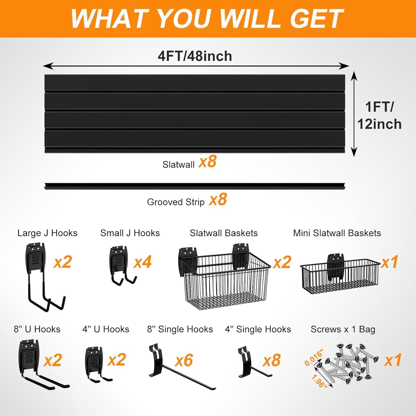 DoCred Slatwall Paneling Organizer, 4x7.5 FT PVC Garage Slat Wall Storage Systems, Heavy Duty Mounted Slat Peg Board for Tool Organization Ladder Bike Includes 27 PCS Hooks Accessories Kit (Black)