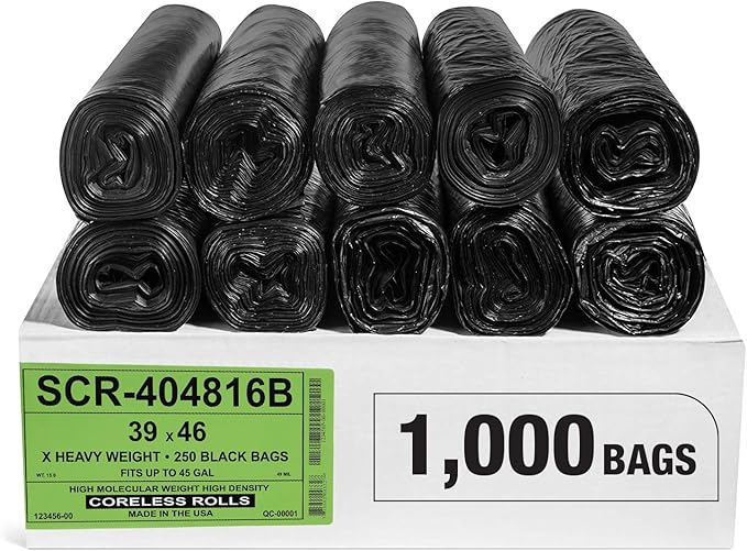 Aluf Plastics 45 Gallon 16 Micron (eq) Black Trash Bags - 39" x 46" For Home, Office, & Bathroom (Pack of 1000)