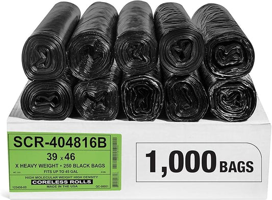 Aluf Plastics 45 Gallon 16 Micron (eq) Black Trash Bags - 39" x 46" For Home, Office, & Bathroom (Pack of 1000)