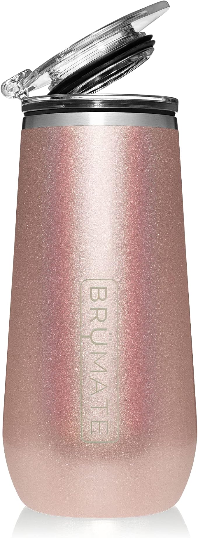 BrüMate Champagne Flute 12oz with Flip-Top Lid to Hold in Carbonation | Insulated Stainless Steel for Ice Cold Champagne | BPA-Free (Glitter Rose Gold)