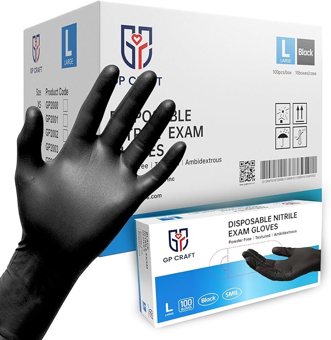 5 Mil Nitrile Gloves Black GP50 - Latex & Powder Free - Disposable - Food Safe - for Cleaning, Food Prep, Nail Tech