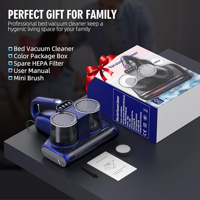 Mattress Vacuum Bed Vacuum Cleaner 16Kpa Suction 253.7nm UV-C Light, 140°F Heated Air, 30000 RPM Brushroll, Ultrasonic, HEPA Filter, Handheld Vacuums for Carpet/Sofa, 500W Corded, (Light Blue)