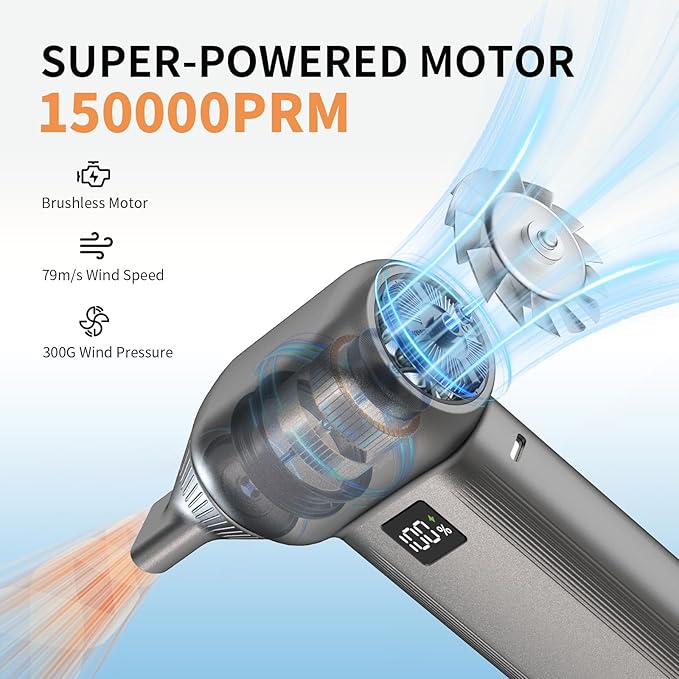 Electric Air Duster-150000RPM Compressed Air Duster with LED Display, 8000mAh Super Power Cordless Air Duster, 3-Gear Brushless Motor Blower, 5-in-1 Cleaning Kit for PC, Keyboard, Car, Outdoor