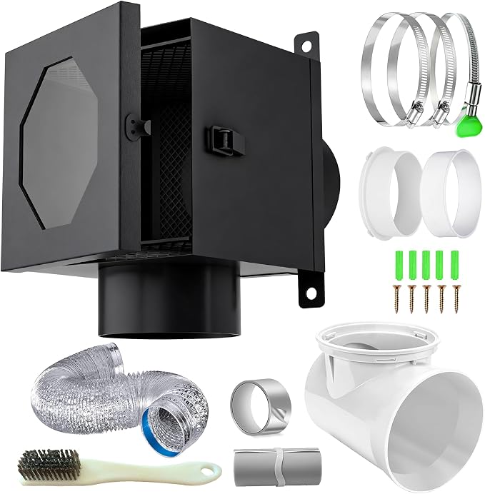 Dryer Lint Trap, Indoor Dryer Vent Box with Lint Catcher, Metal Dryer Duct Lint Trap with 90° Degree Dryer Vent Elbow, Easy Clean Filter, Transparent Door & Clamps Aluminum Foil Tape Cleaning Brush