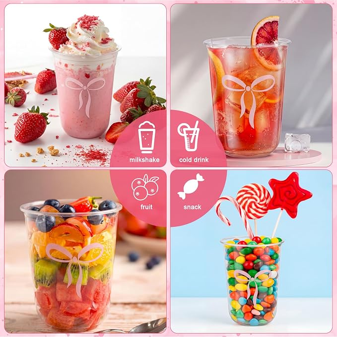 Ziliny 50 Pcs 16oz Cute Pink Bow Cups Birthday Party Decorations Supplies Disposable Plastic Cups for Bachelorette Party Valentines Galentines Day Christmas Wedding Baby Shower