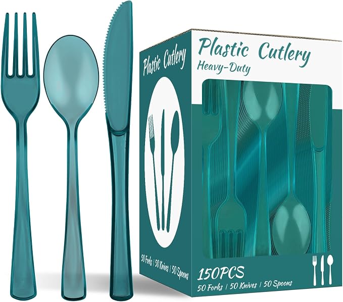 150 PCS Plastic Silverware Disposable Silverware Heavy Duty Utensil Sets 50 Of Each Forks Knives & Spoons Disposable Cutlery Set For Easter,Birthday,Baby Shower,Garden Party,Wedding(150,Green)