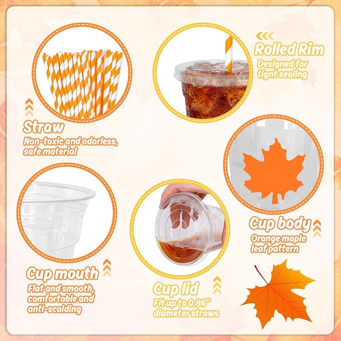 Whaline 50 Pcs 12 Oz Fall Maple Leaf Plastic Cups with Lids and Straws Autumn Classic Maple Cup Clear Orange Leaves Cold Beverage Drinking Cups for Fall Theme Harvest Thanksgiving Party Supplies