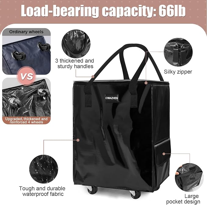 (Small,Black) Reusable Grocery Bag on 4 Wheels, 60L Foldable Rolling Tote Bag with 3 Handles and Zipper, Rolling Shopping Cart for Groceries, Storage, Laundry, Travel, Organizer, 66lb