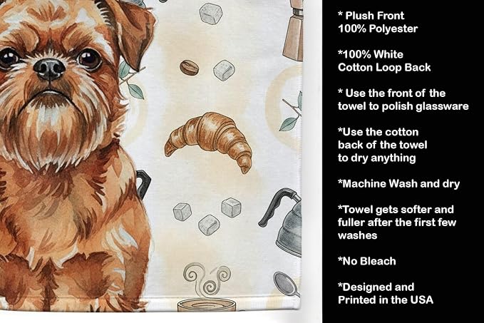 Caroline's Treasures Red Brussels Griffon Coffee Bar Kitchen Towel Velour Plush Front and Cotton Loop Back Machine Washable