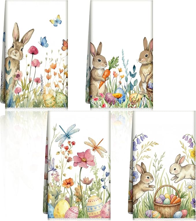 Tegeme 4 Pcs Spring Bunny Wildflowers Kitchen Towel Retro Vintage Flowers Dish Towels 18 x 26 Inch Floral Decorative Hand Tea Towel for Bathroom Baking Cooking Cleaning Holiday Party Supplies