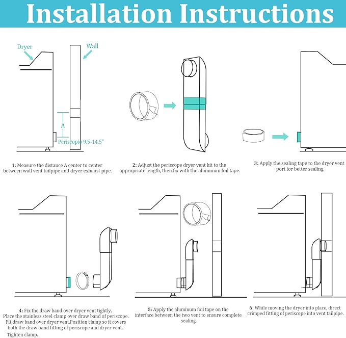 Periscope Dryer Vent Connector Kit, Upgraded 304 Stainless Steel Adjustable 9.5-14.5" Telescoping Dryer Vent Duct Fit all 4 in Outlet Tight Space Slim Flat Exhaust Duct Pipe Hose Replacement Vents
