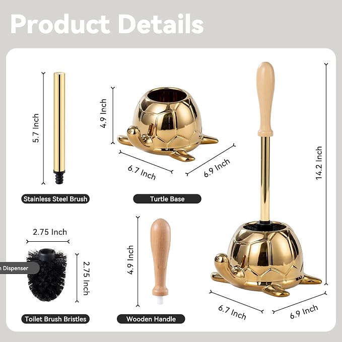 Turtle Base Toilet Brush Set - Gold Ceramic Toilet Scrubber Brush 7.5” Bowl Cleaner with Ergonomic Handle, Mini Cute Bathroom Cleaning Brush - Bathroom Decor