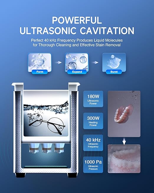 CREWORKS Ultrasound Cleaner with Heater and Timer, 1.6 gal Digital Sonic Cleaning Machine, 180W 6L Stainless Steel Jewelry Cleaner for Professional Tool Glasses Watch Retainer Denture Parts Cleaning