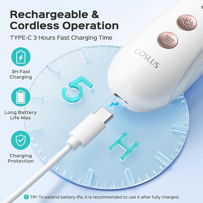 COSLUS C43 Professional Manicure Pedicure Kit, 5-in-1 Electric Nail File for Toenail Hand Feet, Basic & Thick Nails Care, Cordless, 5 Speeds, for Men Women Seniors Home Salon, Wider Grinder, White
